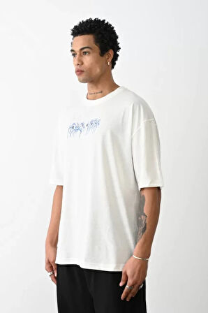 Unisex Baskılı Oversize Thirt  Beyaz