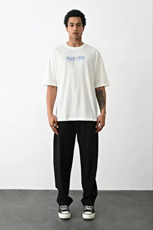 Unisex Baskılı Oversize Thirt  Beyaz