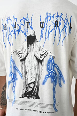 Unisex Baskılı Oversize Thirt  Beyaz