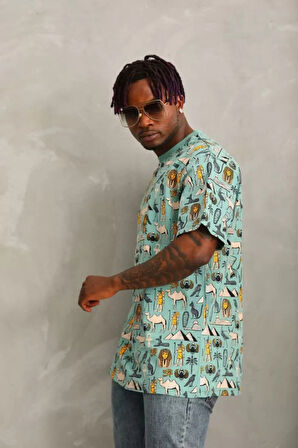 Unisex Oversize Baskılı Bisiklet Yaka Thirt  int Yeşili