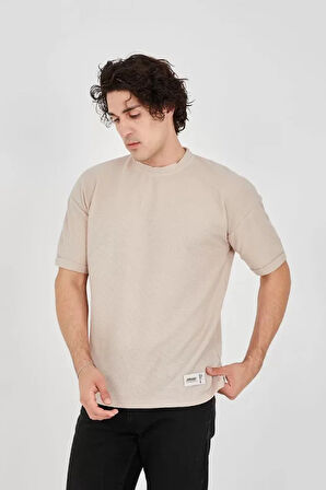 Unisex Waffle Kumaş Rahat Kol Thirt  Bej