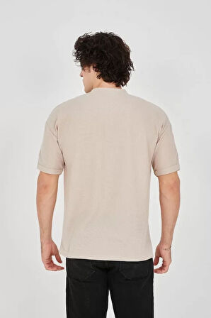 Unisex Waffle Kumaş Rahat Kol Thirt  Bej