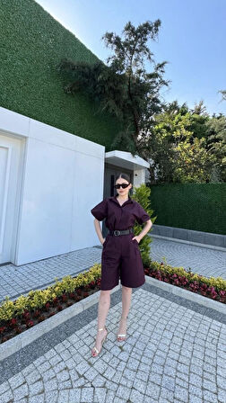 Yakalı Gömlek Kemerli Şortlu Takım  Bordo