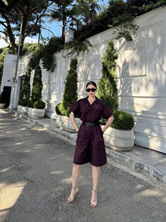 Yakalı Gömlek Kemerli Şortlu Takım  Bordo