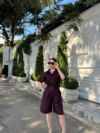 Yakalı Gömlek Kemerli Şortlu Takım  Bordo