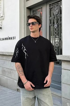 Unisex Bisiklet Yaka Baskılı Oversize Thirt  iyah