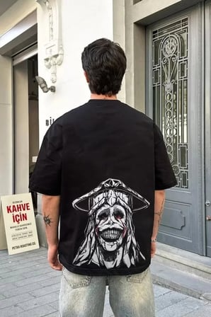 Unisex Bisiklet Yaka Baskılı Oversize Thirt  iyah