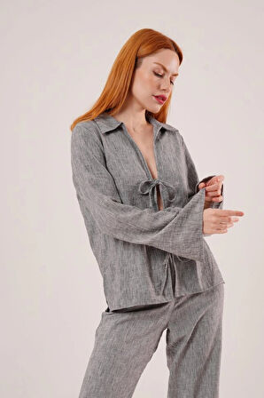 Ön Bağlama Detaylı Pantolon Ve Gömlek Antrasit İkili Takım