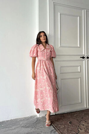 Pembe Bebe Yaka Balon Kollu Elbise