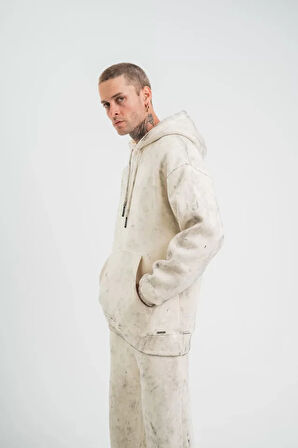 Unisex Double Oversize Kapşonlu Yıkamalı weathirt  Krem