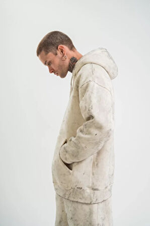 Unisex Double Oversize Kapşonlu Yıkamalı weathirt  Krem