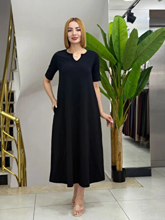 Kadın Kısa Kollu V Yakalı Cep Detaylı Uzun Janjan Krep Elbise