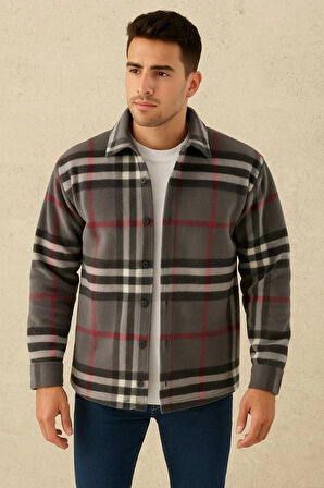 Erkek Ekose Desenli Düğmeli Polar Yakalı Uzun Kollu Gömlek Oversize Rahat Kalıp  Füme