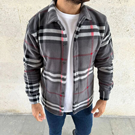 Erkek Ekose Desenli Düğmeli Polar Yakalı Uzun Kollu Gömlek Oversize Rahat Kalıp  Füme