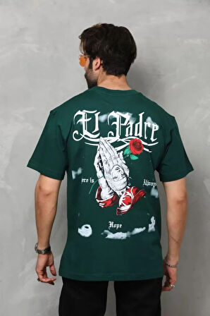 Unisex Bisiklet Yaka Baskılı Oversize Thirt  Yeşil