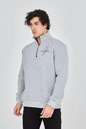 Erkek Yarım Fermuarlı Baskılı weat  Gri