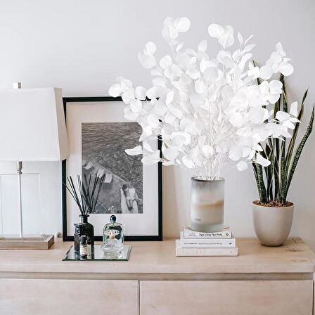 Yapay Çiçek Beyaz Okaliptus Tek Dal Kumaş Yapraklı Uzun Dal 80cm Eucalyptus