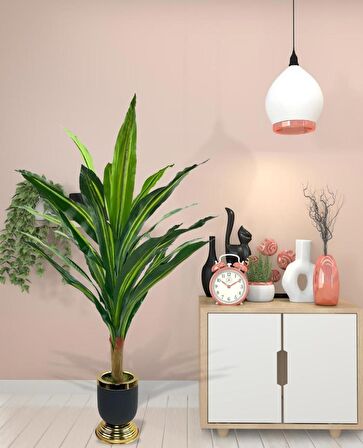 Yapay Çiçek Kılıç Yukka Ağacı 115cm Salon Bitkisi Siyah Gold Galvaniz Vazoda