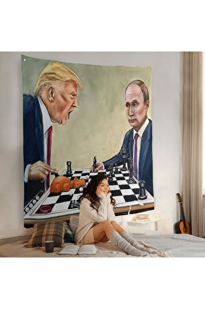 Donald Trump - Vladimir Putin Santranç Oynarken Duvar Örtüsü-8316