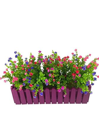 Yapay Çiçek Mor Çit Balkon Saksısı Renkli Mineli Şimşir Çiçekli 55x35cm