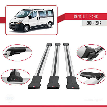 Renault Trafic 2 (X83) 2001-2014 Arası ile Uyumlu FLY Model Ara Atkı Tavan Barı Gri 3 Adet
