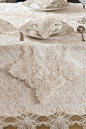 Kadife Lüks Masa Örtüsü Seti Dantelli Güpürlü 26 Parça Petrana