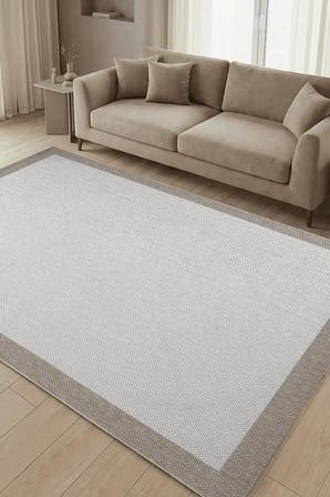 Hoom Rugs Lora 3204 Bej Çerçeveli Pamuk Taban Hav Toz Vermez Sisal Halı
