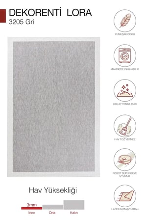 Hoom Rugs Lora 3205 Gri Çerçeveli Pamuk Taban Hav Toz Vermez Sisal Halı