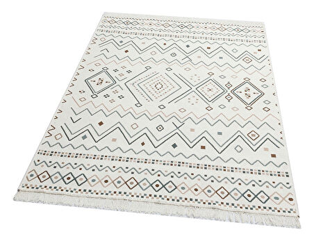 Hoom Rugs Samos SMS 05 Beige Blue Yıkanabilir Çift Taraflı Pamuk Kilim