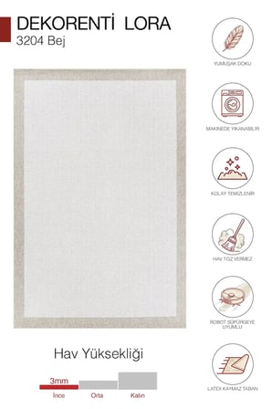 Hoom Rugs Lora 3204 Bej Çerçeveli Pamuk Taban Hav Toz Vermez Sisal Halı