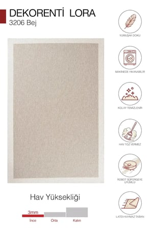 Hoom Rugs Lora 3206 Bej Çerçeveli Pamuk Taban Hav Toz Vermez Sisal Halı