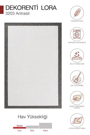 Hoom Rugs Lora 3203 Antrasit Çerçeveli Çizgili Pamuk Taban Hav Toz Vermez Sisal Halı