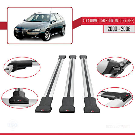 Alfa Romeo 156 (T932) SW 2000-2006 Arası ile Uyumlu FLY Model Ara Atkı Tavan Barı Gri 3 Adet