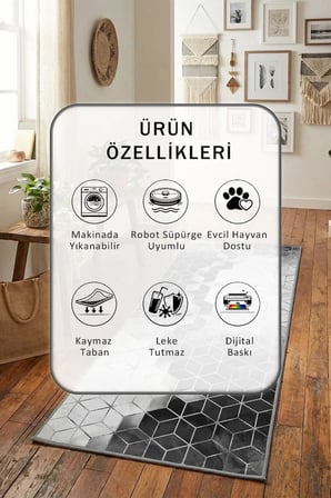 Suerto Gri Siyah İ Yıkanabilir Yolluk Halı Kaymaz Taban Salon Mutfak