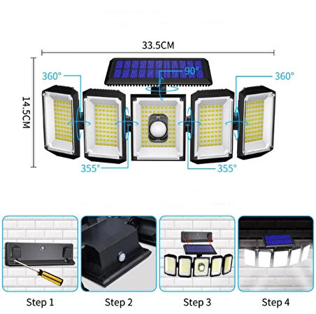 Güneş Enerjili Solar Bahçe Lambası Hareket Sensörlü 5 Taraflı 300 Led Aydınlatma Kumandalı / ES-300