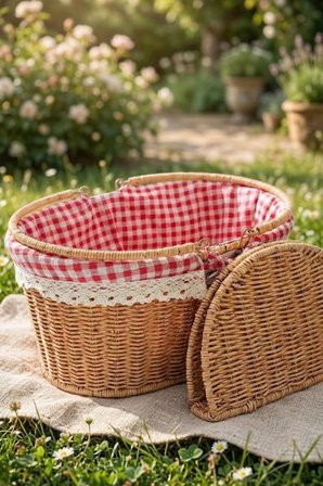 Atbyhome Hasır Piknik Sepeti Kapaklı Ve Bezli Rattan Sepet Organizer 40x29x18