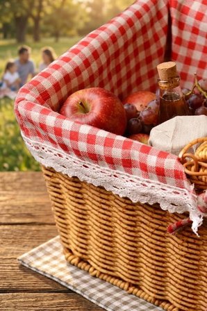 Atbyhome Hasır Piknik Sepeti Dikdörtgen Kapaklı Ve Bezli Rattan Sepet Organizer 39x27x18