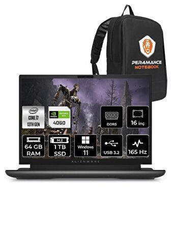 DELL Alienware M16 i7-13700HX 64GB RAM 1TB SSD RTX4060/8GB 165HZ 16 QHD+ W11PRO & PER4 ÇANTA
