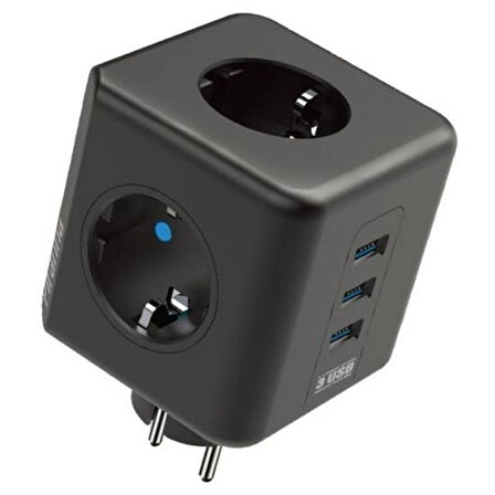 CT-STONES® Isıya Dayanıklı Termal Akım Korumalı ve Çocuk Korumalı 3 Priz Girişli 3 USB Girişli Küp Priz