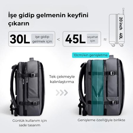 Mark Ryden Super Genişletilebilir Çoklu Bölmeli Laptop Giysi Sırt Çantası G1_MR9822_KR07 Ⅱ (Gri)