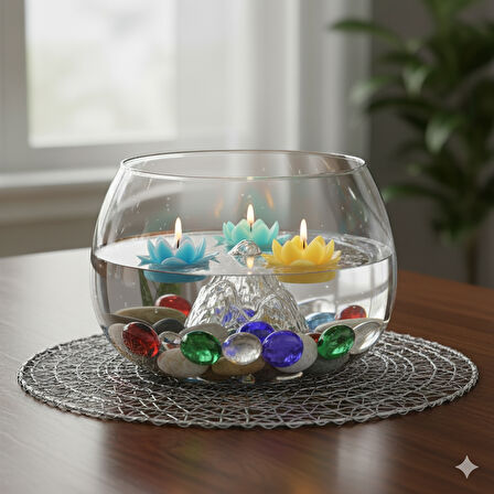 Büyük Boy Cam Fanus Teraryum Balık Ve Çiçek Dekoru 24x18