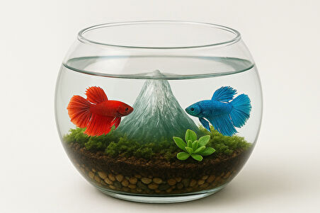 Büyük Boy Cam Fanus Teraryum Balık Ve Çiçek Dekoru 24x18