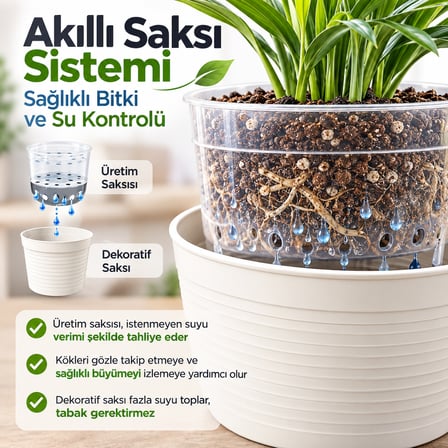 Akıllı 2'li Saksı Seti - Bone Beyaz Dekoratif Saksı + Şeffaf Üretim Saksısı | Drenajlı, Kırılmaz