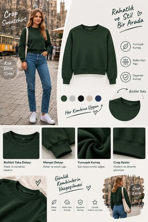 Kadın Crop Sweatshirt Bisiklet Yaka Pamuklu Yumuşak Dokulu Günlük Spor Sweatshirt