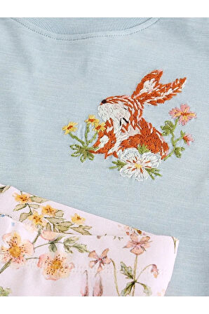 Pamuklu Mavi Tavşan Desenli Kısa Kollu Taytlı Alt Üst Takım