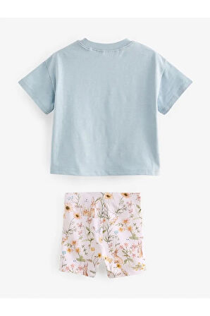 Pamuklu Mavi Tavşan Desenli Kısa Kollu Taytlı Alt Üst Takım