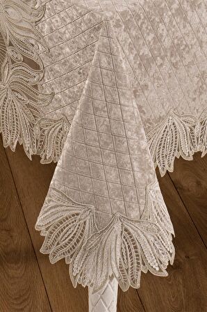 Kadife Lüks Masa Örtüsü Seti Dantelli Güpürlü 25 Parça Vels