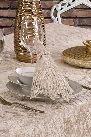 Kadife Lüks Masa Örtüsü Seti Dantelli Güpürlü 25 Parça Vels