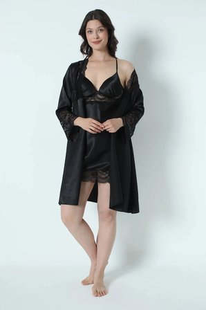 Kadın siyah Saten Çeyiz Set 6 Parça Dantelli Sab. Gec. Pijama Şortlu Tk.+Terlikli çeyiz set