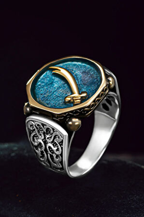 Erkek Gümüş Yüzük - Mavi Mineli Zülfikar Kılıcı İşlemeli 925 Ayar Erkek Yüzük